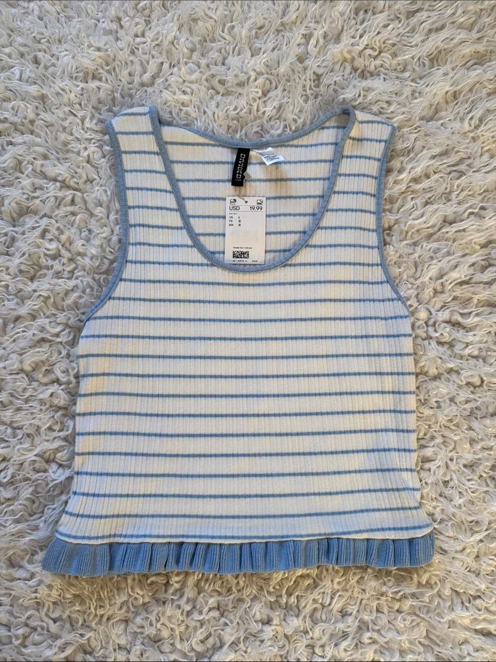 H&M Blue & White Striped Ribbed Tank Top with Ruffle Hem